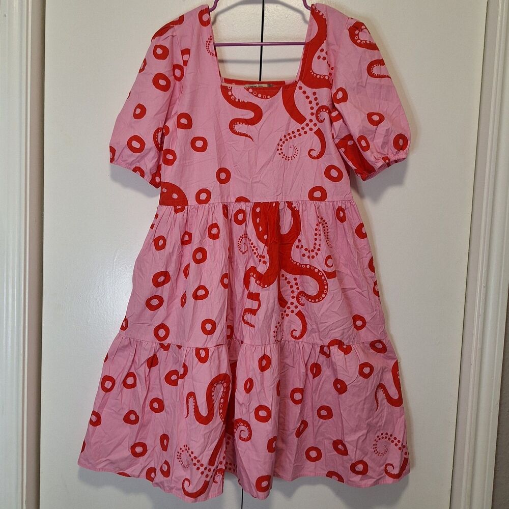 Maude Vivante Aria Tiered Midi Dress Pink Red Octopus Cotton Poplin Medium